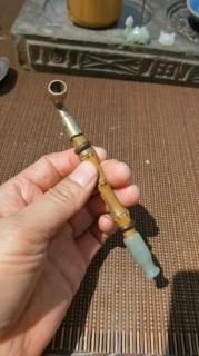 和田玉烟嘴,清代铜烟锅,竹节烟杆,红木跑圈,个性小烟斗