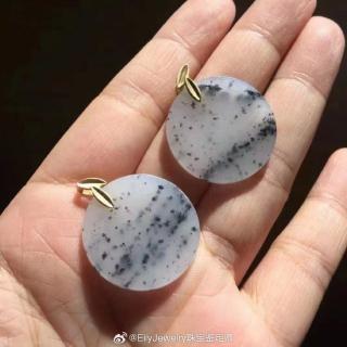 精品,和田玉青花点墨圆牌吊坠