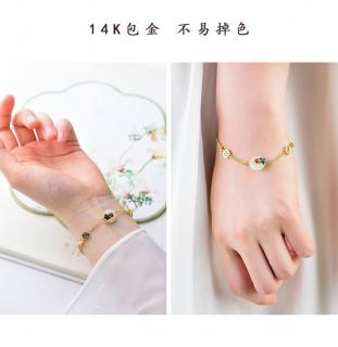 天然和田玉14k包金手链简约轻奢女复古风手串招财平安扣转运手链
