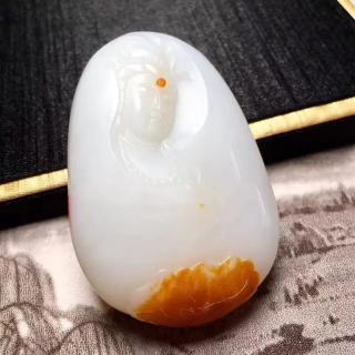 cf489-266 新疆和田玉原皮籽料观音,雕工精致,温润厚装,玉质如婴儿细