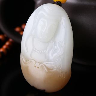 和田玉白玉厚装 苏工玉质细腻油润 俏色留皮 观音菩萨 大慈大悲有求必