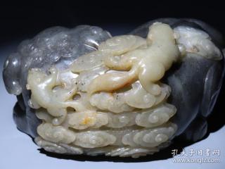 和田玉青花俏色太狮少狮摆件