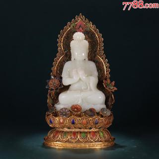 和田玉镶嵌鎏金花丝如来佛座像-和田玉-7788商城