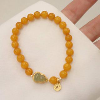天然蜜蜡手串女老蜜鸡油黄和田玉葫芦手链招财纳福禄古风圆珠饰品