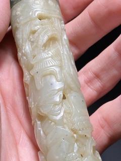 清中期 和田玉籽料 白玉 山水人物楼阁香筒 连碧玉盖座