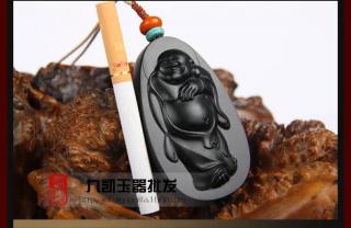 【新疆和田玉黑羊脂墨玉吊坠站佛弥勒佛福在眼前挂件黑碧玉牌子】河南